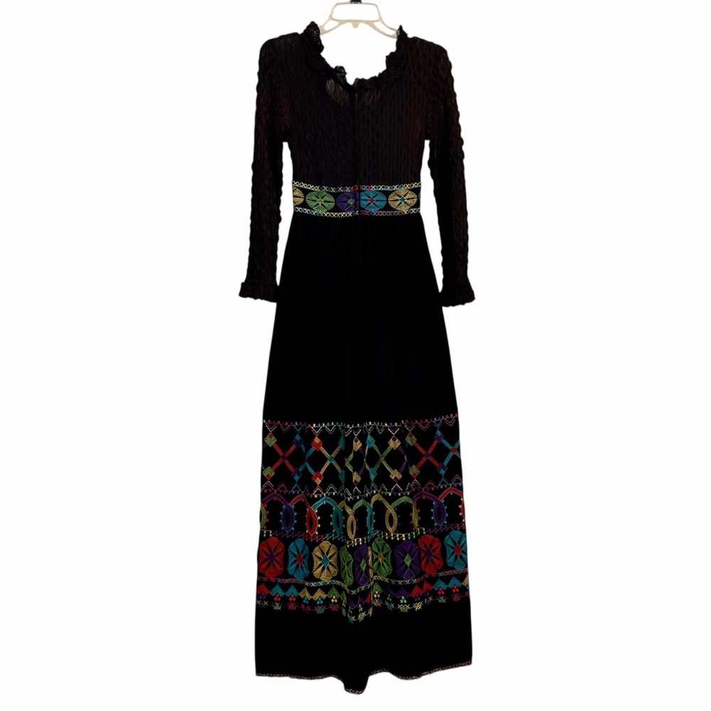 Vintage Sandine Originals New York Black Embroidered Maxi Dress Size XS Romantic